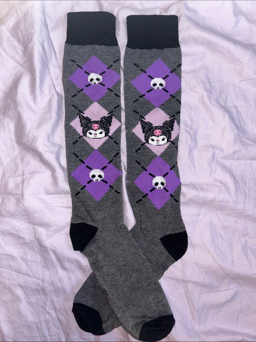 Kuromi glitter knee boot socks purple grey argyll skull cute kawaii emo goth